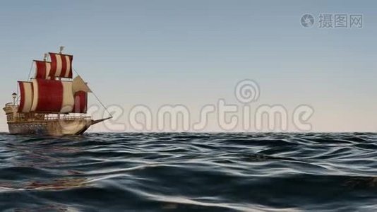 海洋上一艘老式木船的3D动画视频