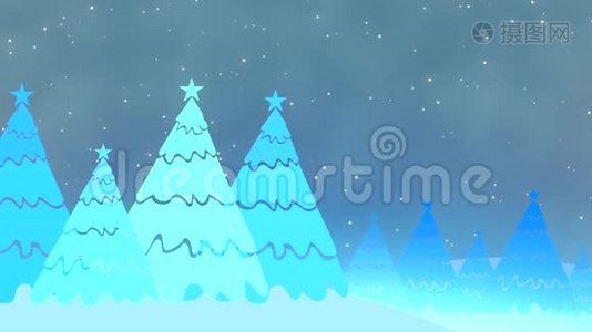 圣诞树和白色雪花，星星落下.. 新年快乐，圣诞快乐，背景闪亮视频
