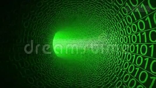 无止境的飞行通过抽象的绿色隧道，由零和一。 高科技运动背景。 信息技术、二进制数据视频