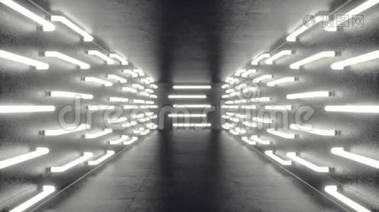 带有霓虹灯的未来主义黑暗走廊。 光芒四射。 未来建筑背景，三维动画视频