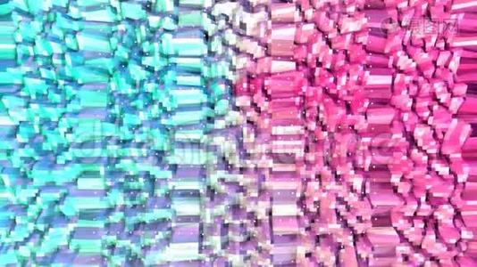 抽象简单的蓝色粉红色低聚三维表面和飞行白色晶体作为超现实地形。 软几何低聚视频