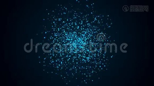 许多抽象的蓝色小粒子在空间中形成球形，计算机生成抽象背景，三维渲染视频