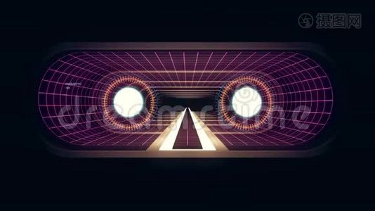 通过虚拟现实飞行白色霓虹紫色网格黄灯网络隧道平视显示器界面运动图形动画视频