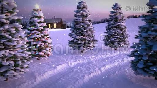 神奇的冬季日落场景动画与小屋和圣诞树。 3D渲染。 无缝回路视频