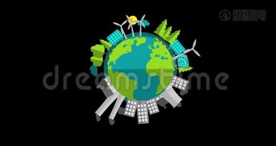 污染与地球上可持续绿色能源4k平面矢量动画视频与阿尔法频道。视频