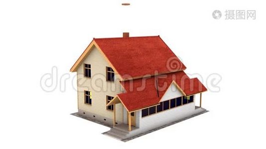 房子动画正在白色背景上组装。 家庭建设。 建造结构。 延时三维动画显示一个过程视频