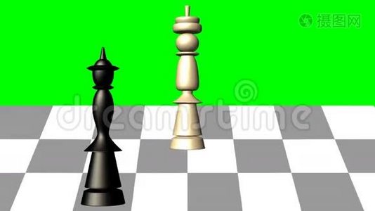 3D国际象棋场景，黑皇后把垫子交给白王，绿色屏幕上的动画视频