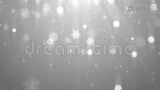 圣诞背景动画画面白色主题，闪烁的粒子雪花飘落，闪耀的灯光视频