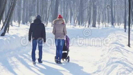 冬天在公园散步的快乐的年轻家庭视频