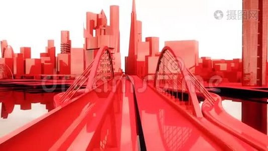 城市红色城市建筑中移动摄像机的抽象动画视频