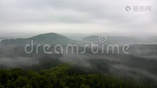 寒冷的雾蒙蒙的夜晚在萨克森州的秋天山谷瑞士公园。 山从朦胧的黑暗中增加。视频