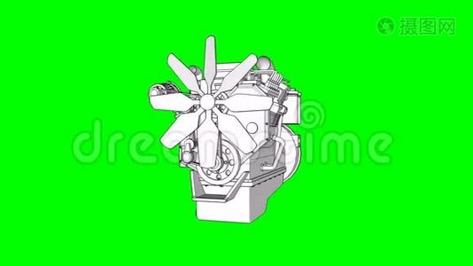 柴油V8发动机一辆大车。 模型绕中轴线旋转.. 绿色背景上的循环动画。视频