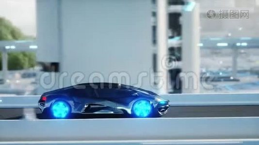 黑色未来派电动汽车在科幻都市里开得很快。未来的概念。逼真的4k动画。视频