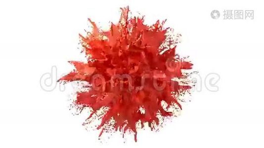 溅上红色的颜料.. 爆炸流体-液体在缓慢运动中爆炸。 阿尔法频道面具包括全高清3渲染视频