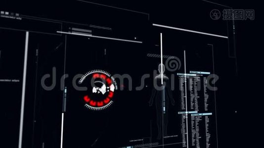 4K3D动画的用户界面HUD移动在黑暗背景下的网络未来概念与粮食处理视频