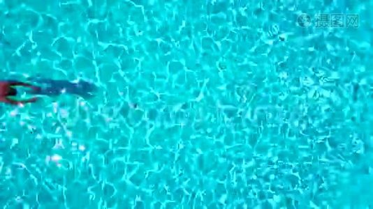 从顶部看，一个人潜入游泳池，在水下游泳视频