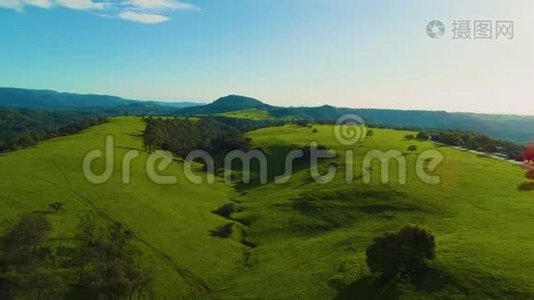 马在乡间奔跑和放牧，鸟瞰绿草，活股票，山和湖，白天太阳下山视频