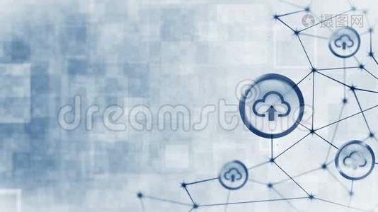 服务器数据空间带有云图标浮动.. 互联网连接结构。 上传图标。 商业技术概念。 蓼视频