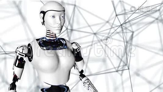 机器人Android女性持有数字行星地球。Cyborg未来技术，人工智能，计算机视频