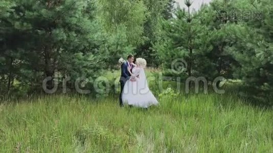 非常漂亮的新娘和新郎在森林里牵手拥抱。视频