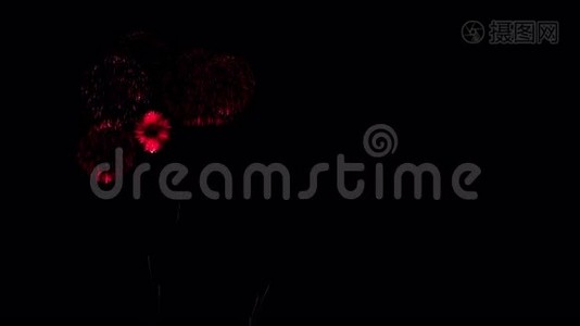 五彩缤纷的烟花在晚上。 壮观的火枪手3D渲染。 红色版本27视频