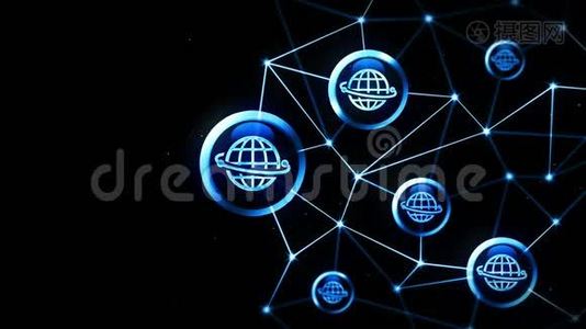 服务器数据空间与地球图标浮动。 互联网连接结构。 国际交流。 商业概念。 多边形视频