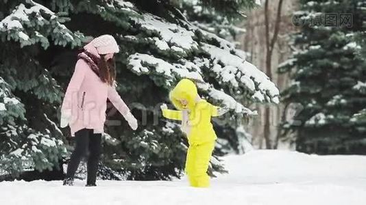 母亲和女儿的家人享受冬天的雪日和打雪球视频