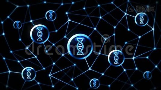 生物技术研究，DNA图标浮动。 生物基因符号。 生命进化标志。 带有连接点和视频