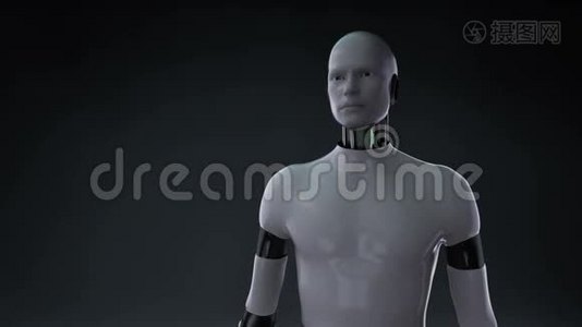 机器人半机器人打开手掌，缩放女性身体扫描子宫，蓝色X射线图像。视频