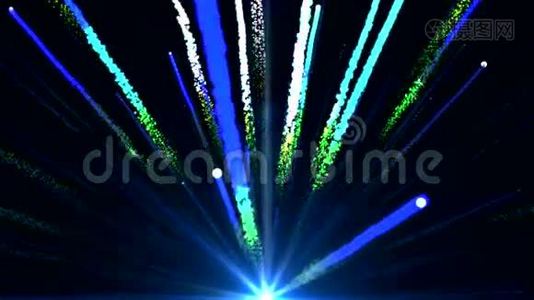 无缝动画抽象的彩色蓝光和烟花射向天空和闪亮的粒子轨迹元素在bl视频