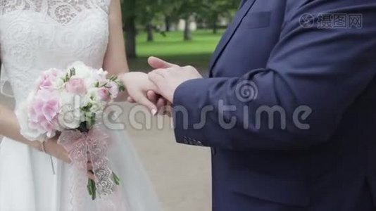 年轻的新婚夫妇走在外面。 在冬天或夏天，新娘和新郎一起在公园里散步，牵着手视频