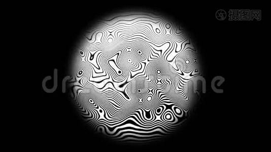 斑马线半色调图案纹理运动动画背景。 4k. 在黑色背景上，在一个圆圈里。视频