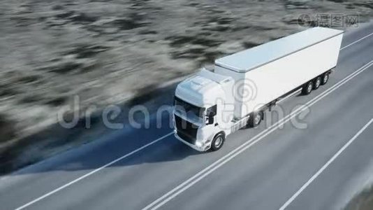 白色卡车。 公路上的半拖车。 运输，物流理念.. 4K写实循环动画。视频