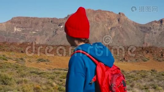 活跃的徒步旅行者妇女徒步旅行在Teide国家公园。 西班牙加那利群岛特内里费带背包的高加索年轻妇女视频