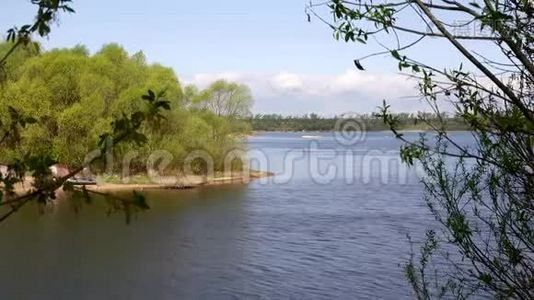 美丽的河景透过树木，映着水上的云彩视频