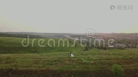 几个年轻人在夕阳下的夏日傍晚在田野里散步；鸟瞰视频