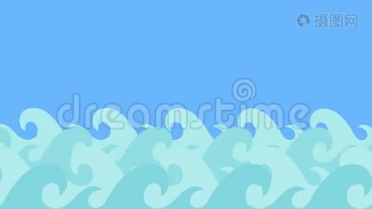 卡通海豚在蓝天上的海浪中跳跃视频