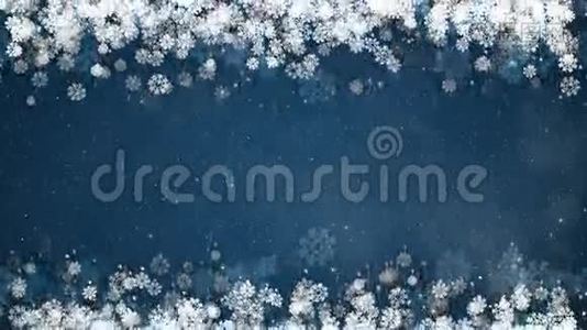 蓝色背景上的圣诞框架。 带有雪花的抽象冬季卡。视频
