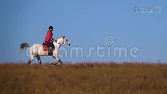 在田里骑马的女孩。 慢动作视频