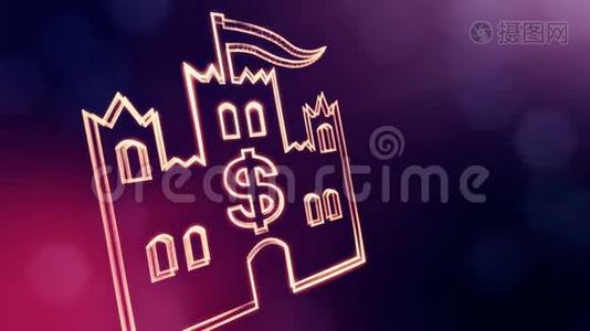 美元标志在城堡的标志。 发光粒子的金融背景。 3D无缝动画与景深视频