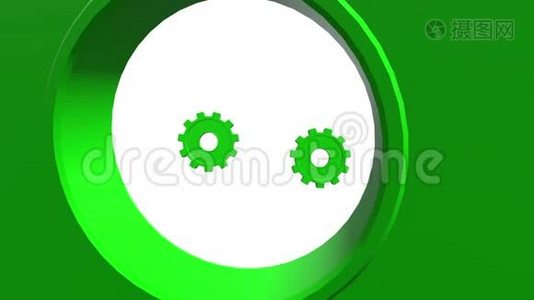 三个绿色齿轮。 白色背景。 阿尔法通道视频