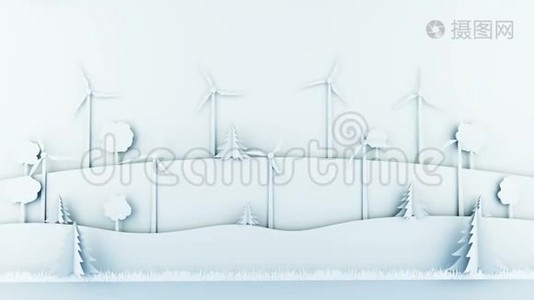 带有风力涡轮机的纸制卡通景观。 生态概念。 现实的4k动画。视频