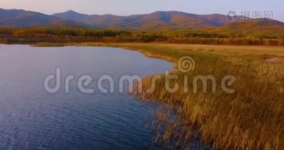 在美丽的布拉戈达托诺耶湖上空飞行，背景上环绕着绿色的森林和山脉视频