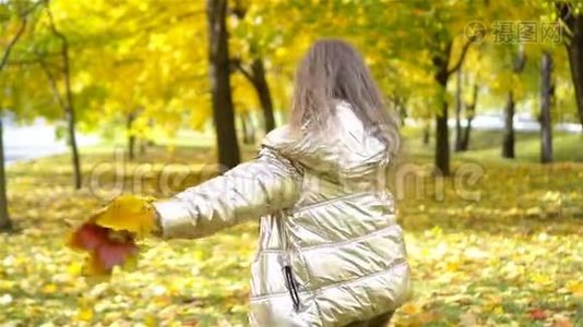 秋天带着黄叶花束的可爱小女孩的肖像视频