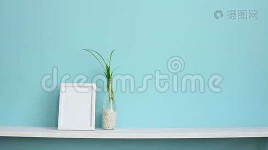 现代客房装饰与相框模型。 白色的架子靠在粉绿色的墙壁上，上面有蜘蛛植物的插条，在水中视频