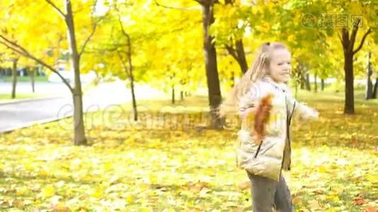 秋天带着黄叶花束的可爱小女孩的肖像视频