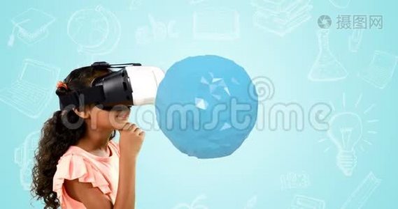 女孩使用虚拟现实耳机，数字生成的旅行图标4k视频
