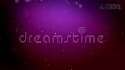 美丽的3D雪花在空气中缓慢地漂浮，在紫色的背景下在夜间发光。 使用动画圣诞视频