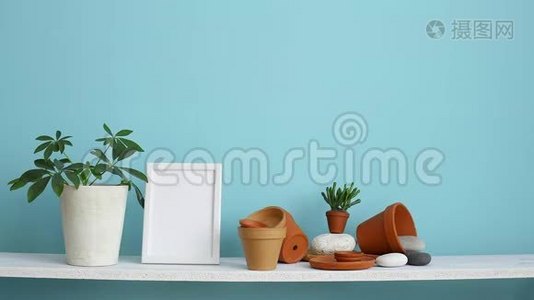 现代客房装饰与相框模型。 白色的架子，贴着青绿色的墙壁，上面有陶器和肉质植物。 手视频