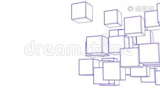 在白色文本空间上的可循环蓝丝框架立方体抽象视频